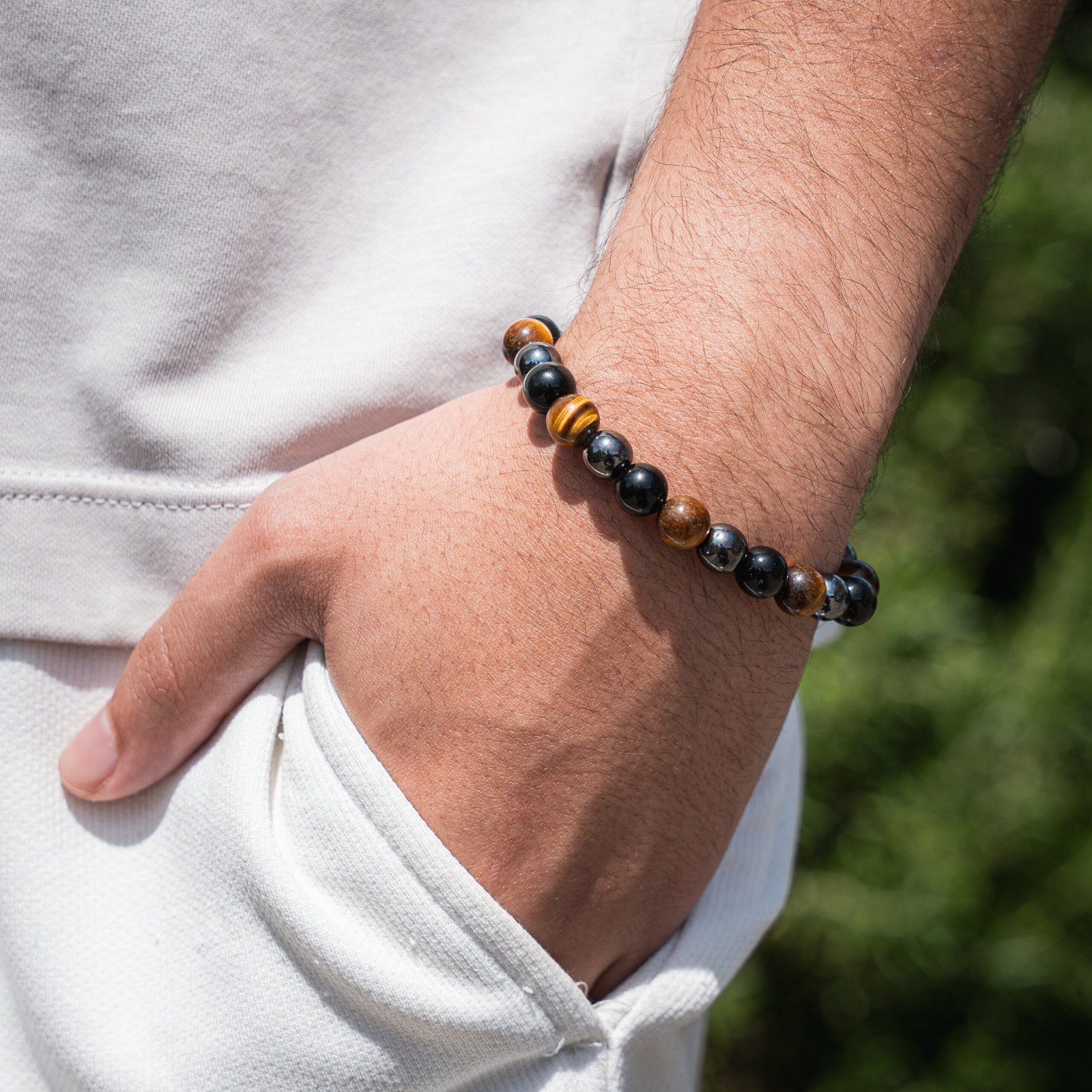 Alternative view of Bracelet Triple Protection — Œil de Tigre · Obsidienne · Hématite