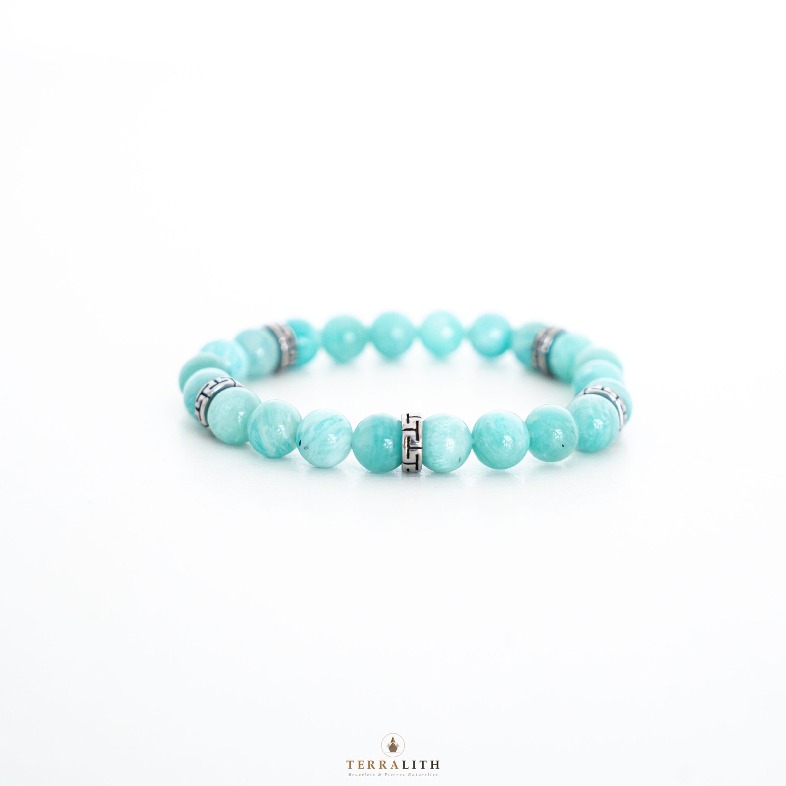 Bracelet Amazonite 8mm séparateurs tibétains — pierre naturelle bleue