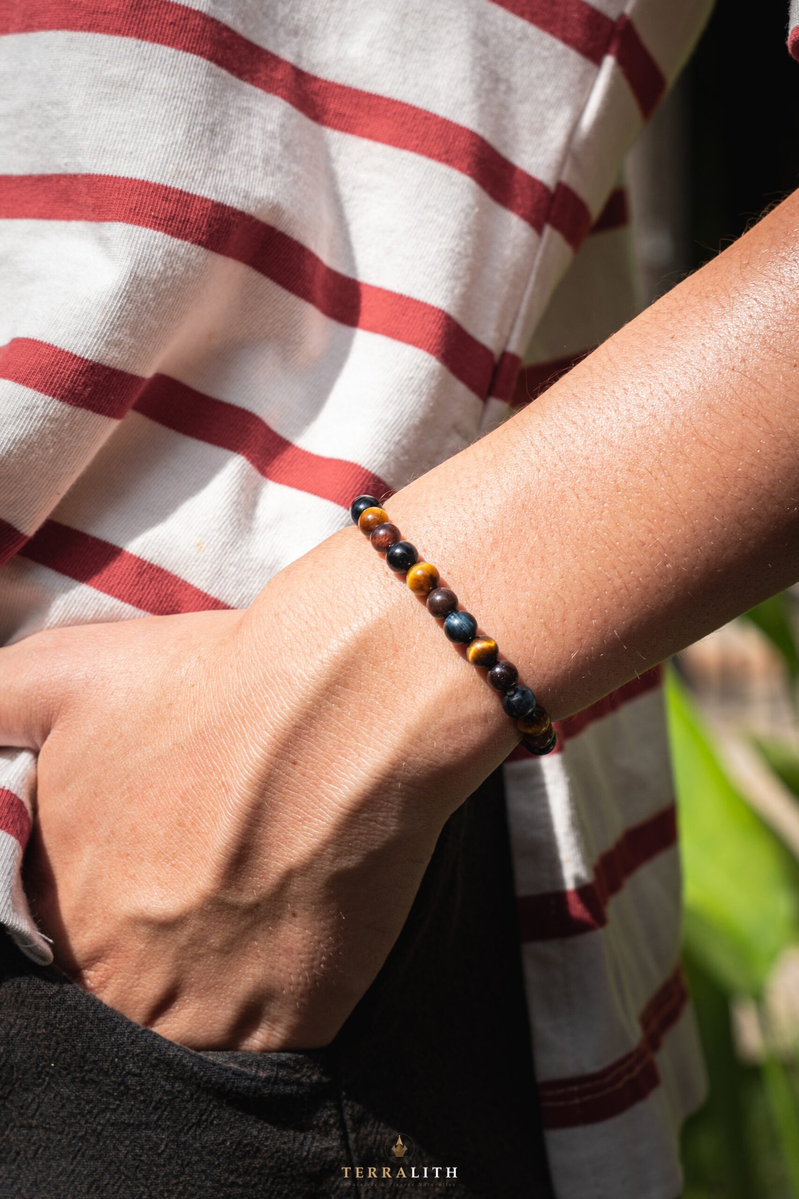 Bracelet Triple Œil 6mm porté — Œil de Tigre Œil de Faucon Œil de Taureau